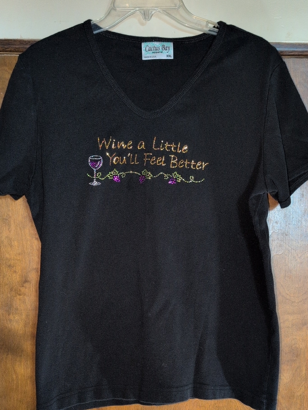 Cactus Black V-Neck Tee with Gold Script and Purple Wine Accent